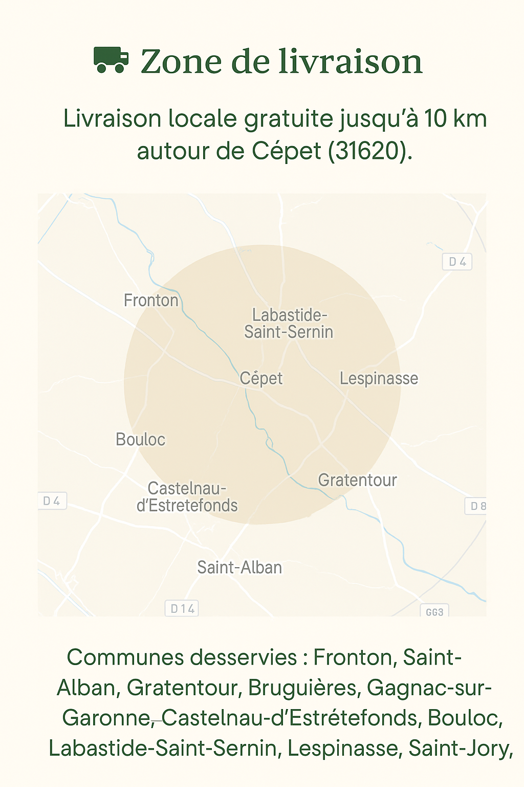 Carte zone de livraison Cépet 10 km